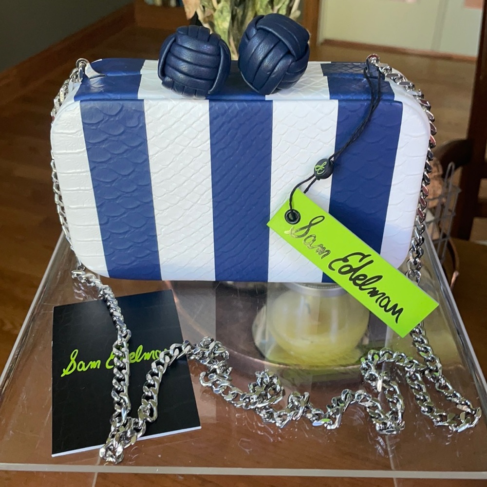 Sam Edelman Blue White Striped Bag Clutch Purse with Chain Strap Nautical Sailor